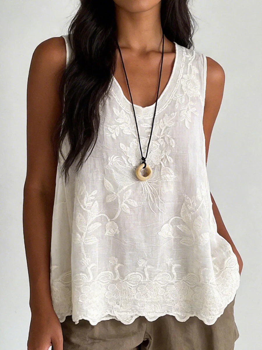 Women's Solid Color Embroidered Sleeveless Loose Fit Round Neck Tank Top